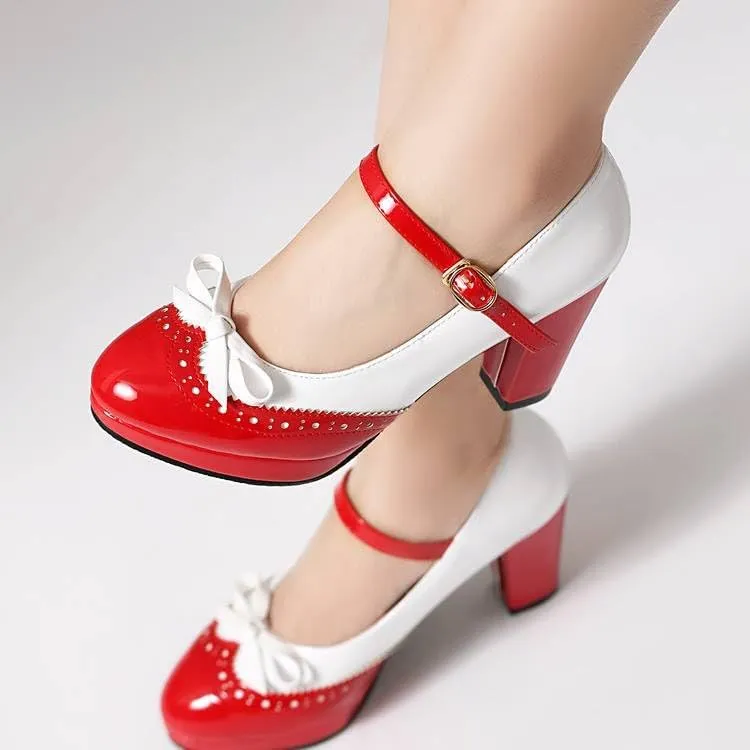Women Brogue Mary Jane Pumps Glossy Patent Chunky High Heels with Color Block