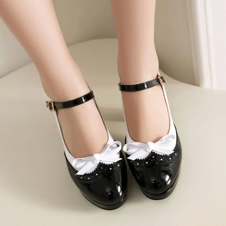 Women Brogue Mary Jane Pumps Glossy Patent Chunky High Heels with Color Block