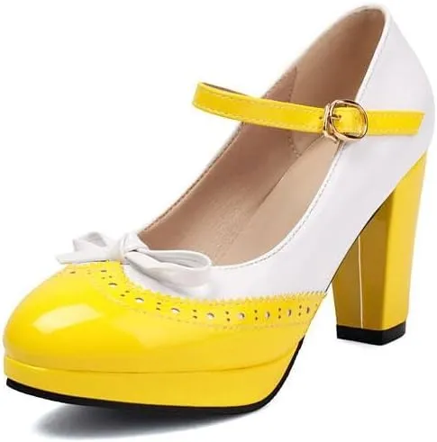 Women Brogue Mary Jane Pumps Glossy Patent Chunky High Heels with Color Block