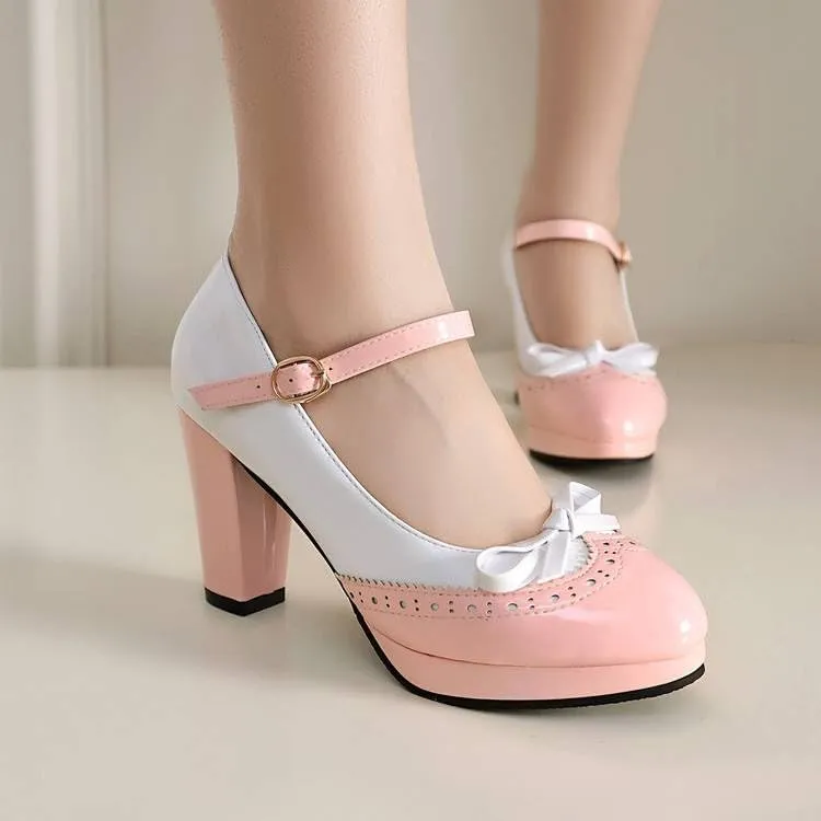 Women Brogue Mary Jane Pumps Glossy Patent Chunky High Heels with Color Block