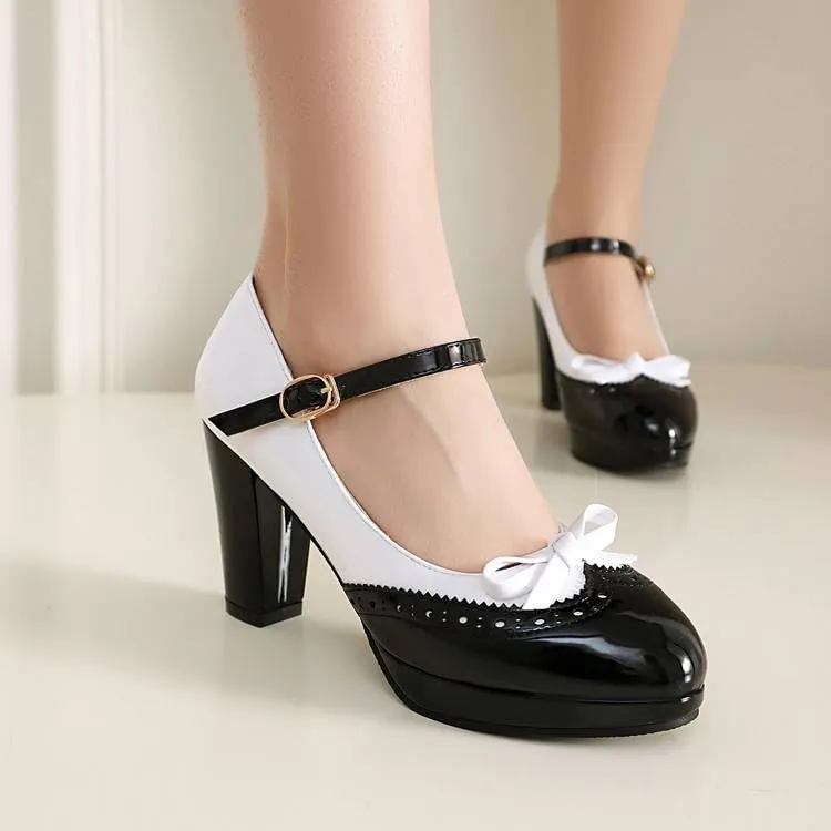Women Brogue Mary Jane Pumps Glossy Patent Chunky High Heels with Color Block