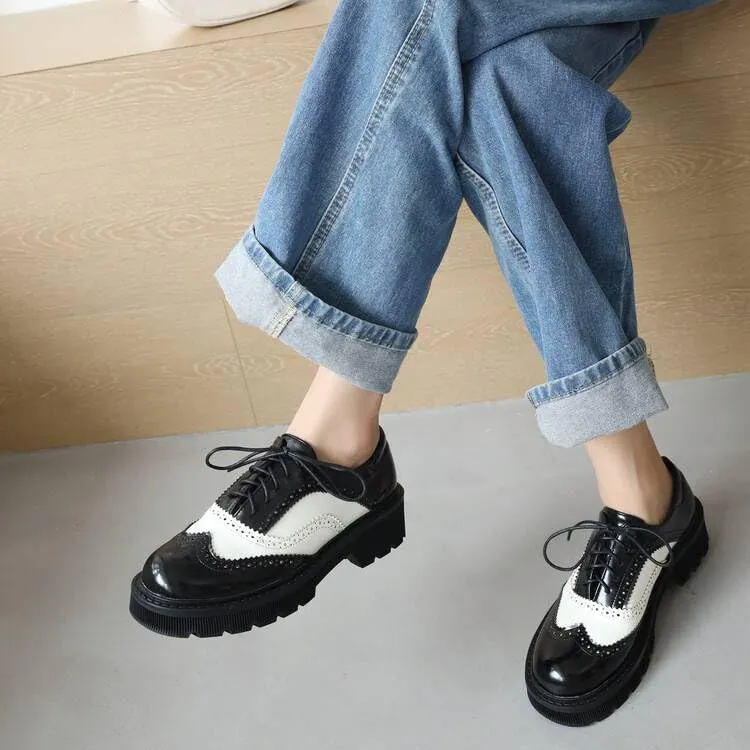 Women Lace Up Brogue Oxford Shoes Glossy Patent Round Toe Block Heels Color Block