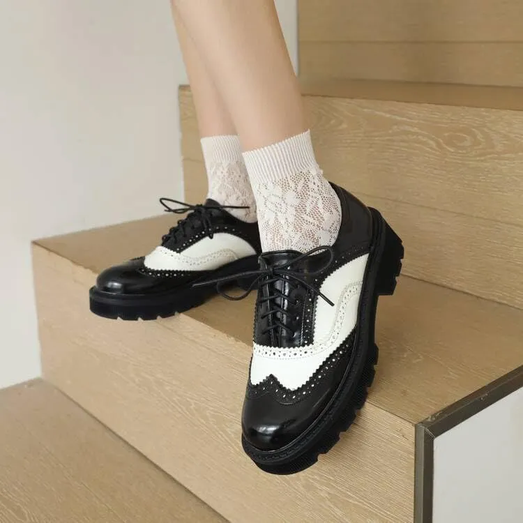 Women Lace Up Brogue Oxford Shoes Glossy Patent Round Toe Block Heels Color Block