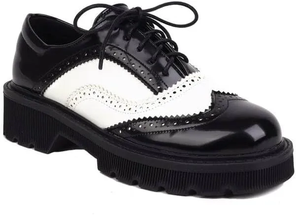 Women Lace Up Brogue Oxford Shoes Glossy Patent Round Toe Block Heels Color Block