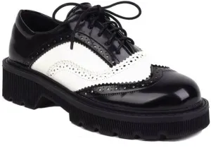 Women Lace Up Brogue Oxford Shoes Glossy Patent Round Toe Block Heels Color Block