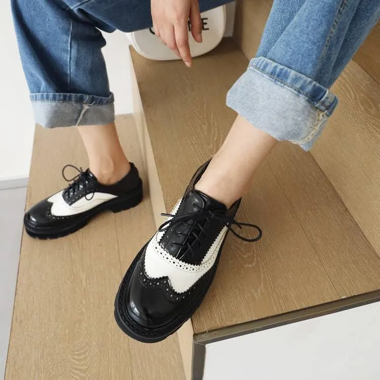 Women Lace Up Brogue Oxford Shoes Glossy Patent Round Toe Block Heels Color Block
