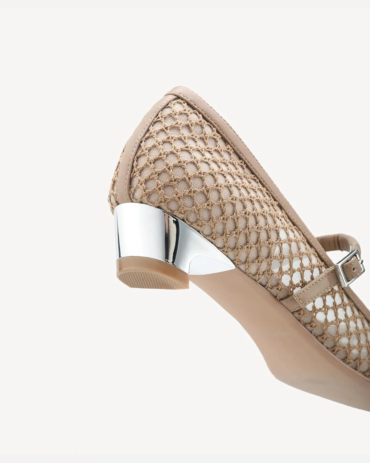 Women Mesh Ballet Flats Chunky Low Heel Buckle Strap Dressy Casual Shoes