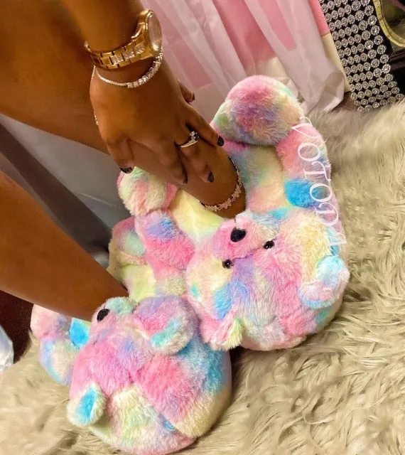 Women Plush House Shoes Cartoon Bear Slipper