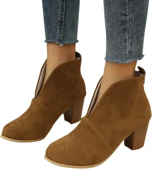 Womens Boots Platform Low Heel Ankle Boots Western Cowboy Pointed Toe Fashion Retro Classic Pull-On Ankle Boots