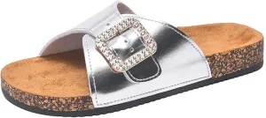 Women's Cork Footbed Slide Sandal Summer Flat Sandals Beach Slippers French Buckle Slip-On Shoes Memory Foam Slides Slipper