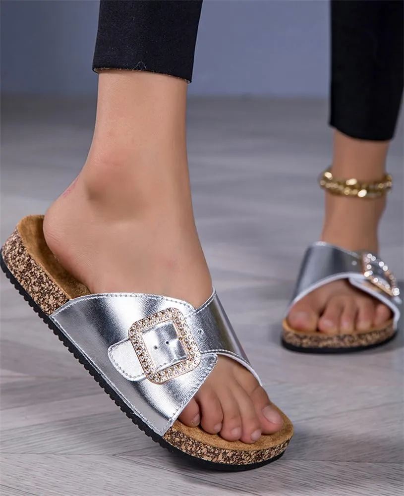 Women's Cork Footbed Slide Sandal Summer Flat Sandals Beach Slippers French Buckle Slip-On Shoes Memory Foam Slides Slipper