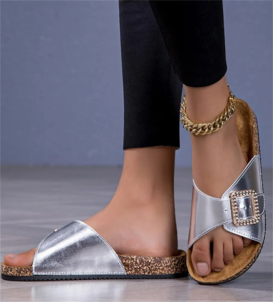 Women's Cork Footbed Slide Sandal Summer Flat Sandals Beach Slippers French Buckle Slip-On Shoes Memory Foam Slides Slipper