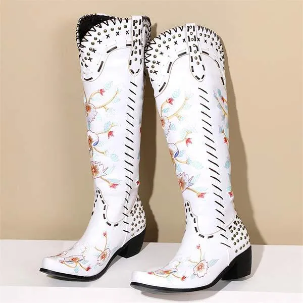 Women's Embroidered High-Calf Mid-Heel Cowboy Boots 17883004C