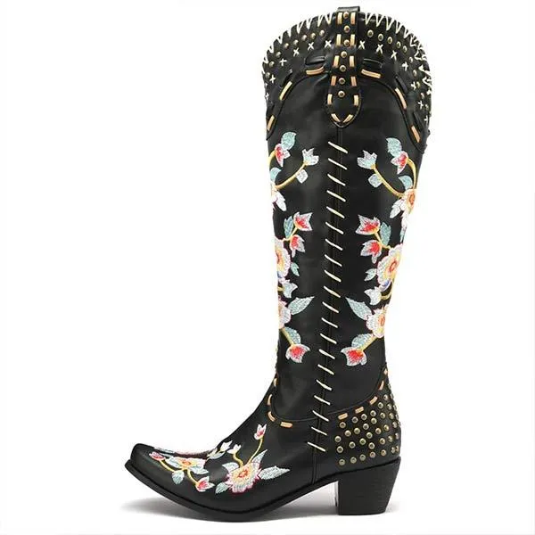 Women's Embroidered High-Calf Mid-Heel Cowboy Boots 17883004C
