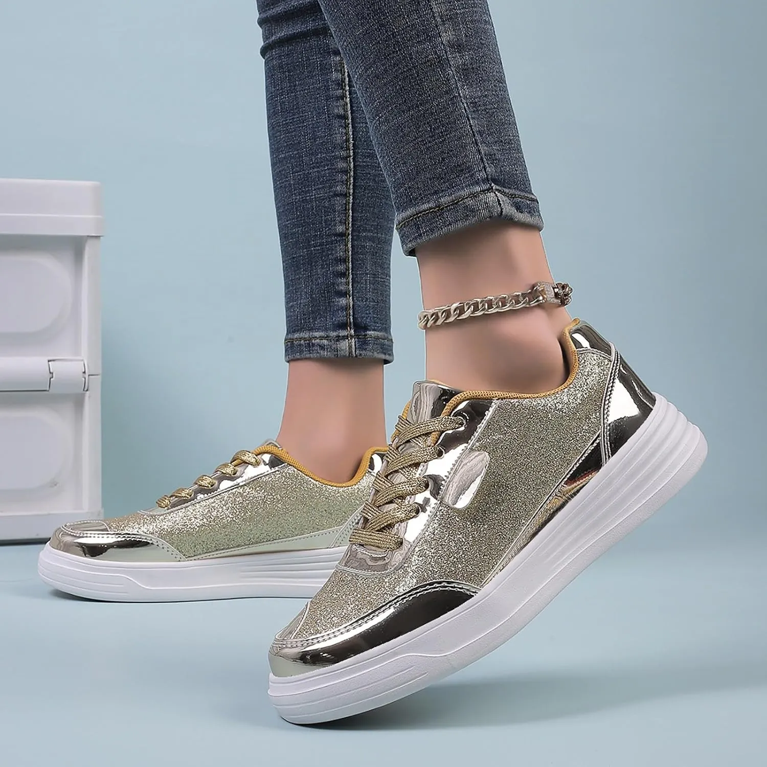 Women's Glitter Shoes Lace Up Platform Sneakers Low Top Sequin Tennis Shoes Sparkly Cushioned Walking Shoes