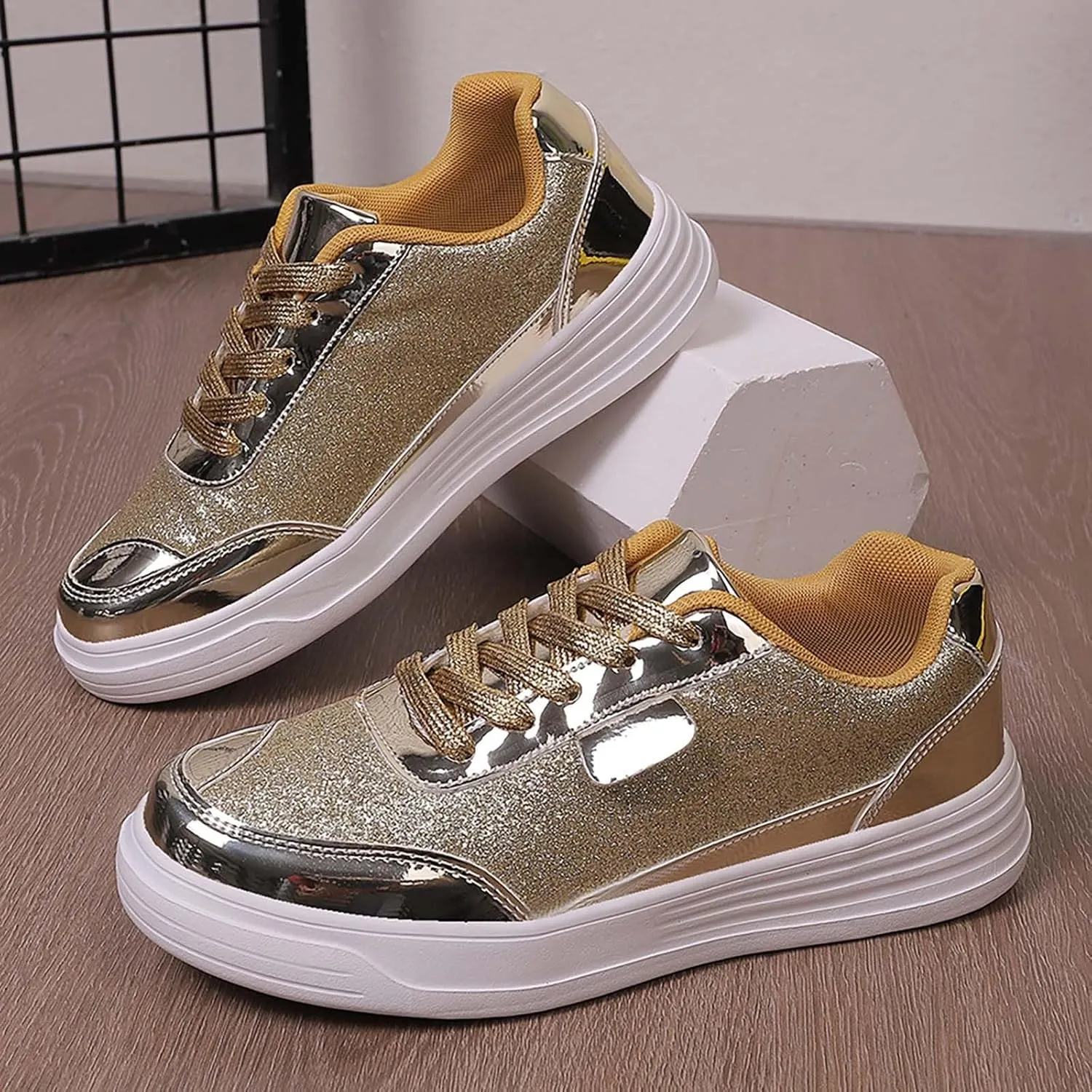 Women's Glitter Shoes Lace Up Platform Sneakers Low Top Sequin Tennis Shoes Sparkly Cushioned Walking Shoes