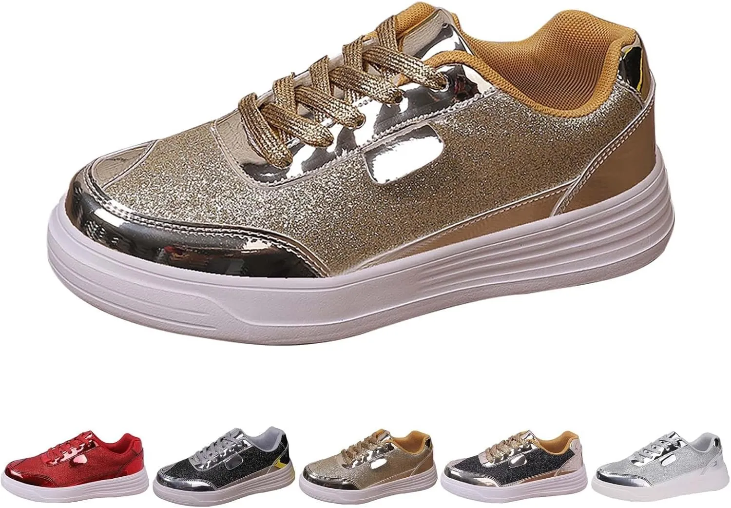 Women's Glitter Shoes Lace Up Platform Sneakers Low Top Sequin Tennis Shoes Sparkly Cushioned Walking Shoes