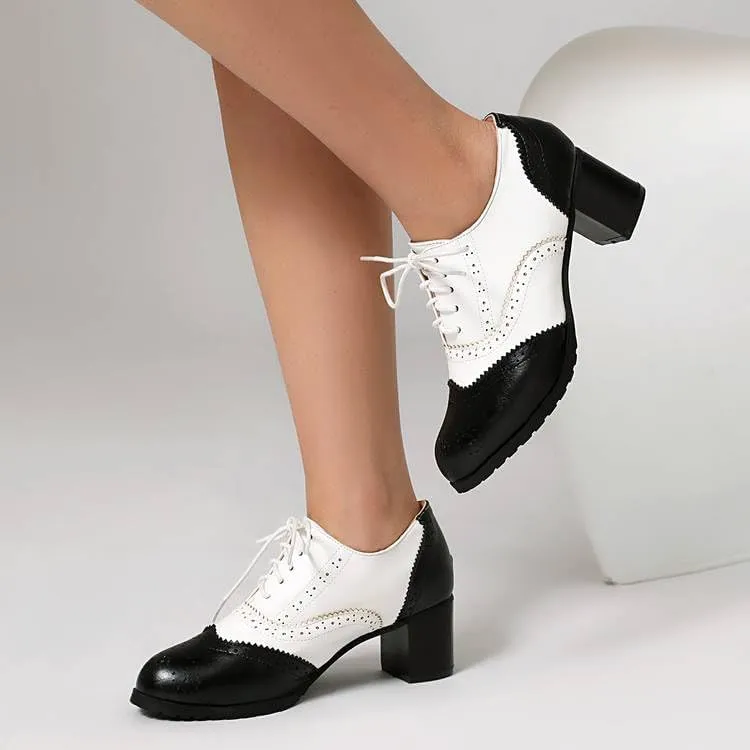 Women's Glossy Lace Up Square Heel Brogues Oxfords Shoes