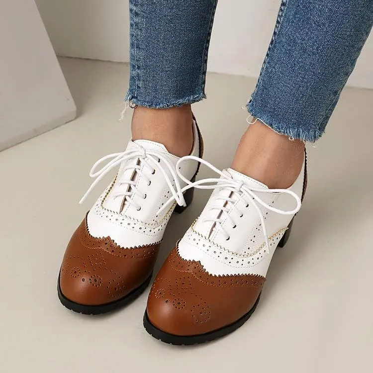 Women's Glossy Lace Up Square Heel Brogues Oxfords Shoes
