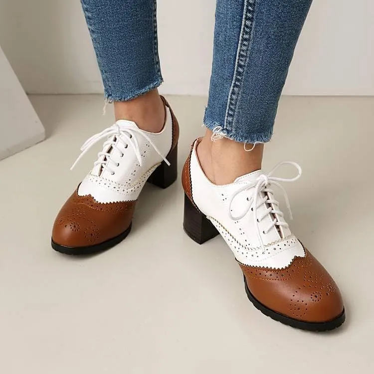 Women's Glossy Lace Up Square Heel Brogues Oxfords Shoes