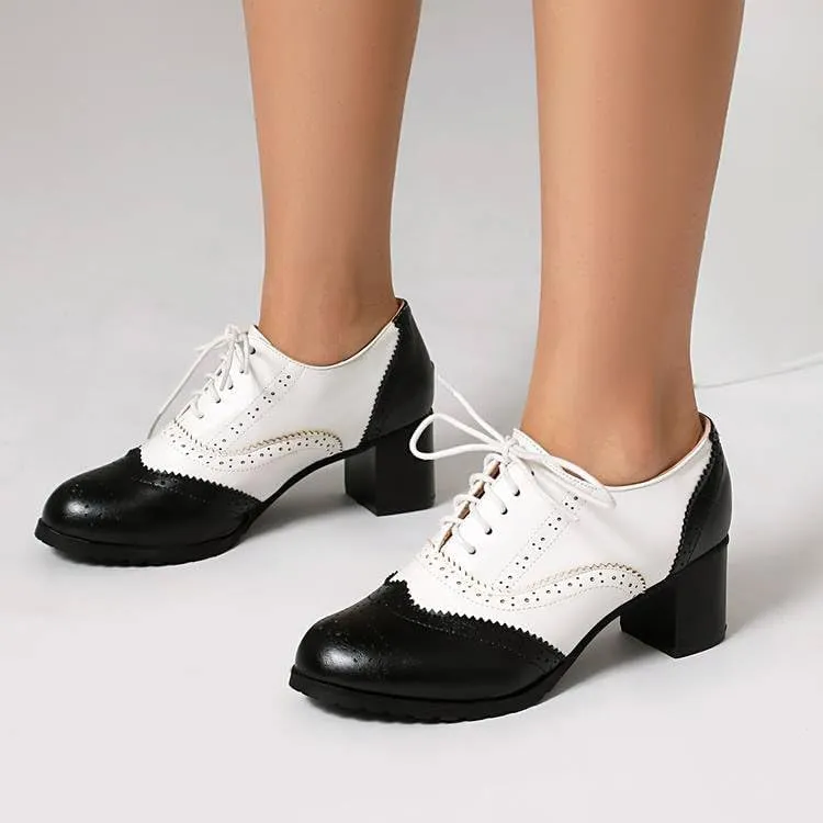 Women's Glossy Lace Up Square Heel Brogues Oxfords Shoes