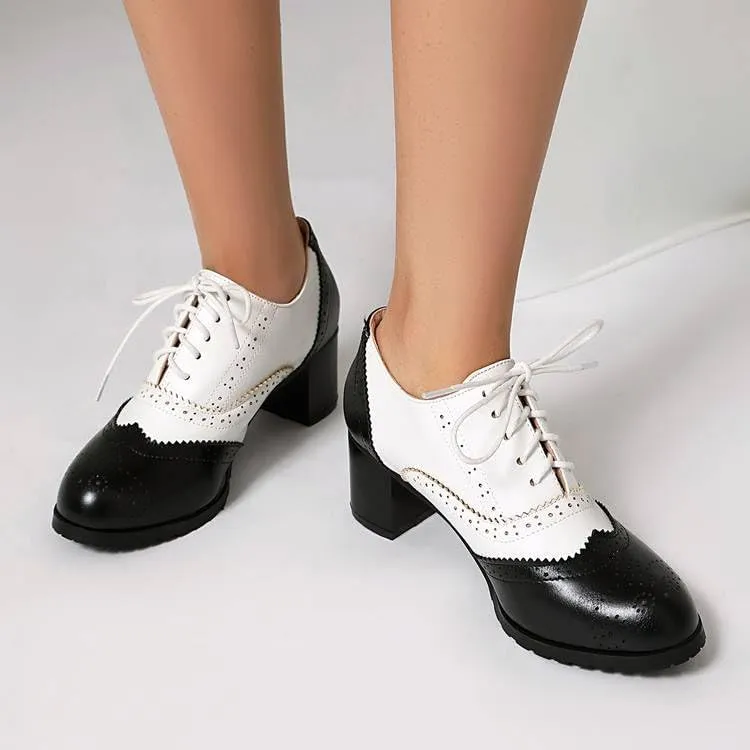 Women's Glossy Lace Up Square Heel Brogues Oxfords Shoes