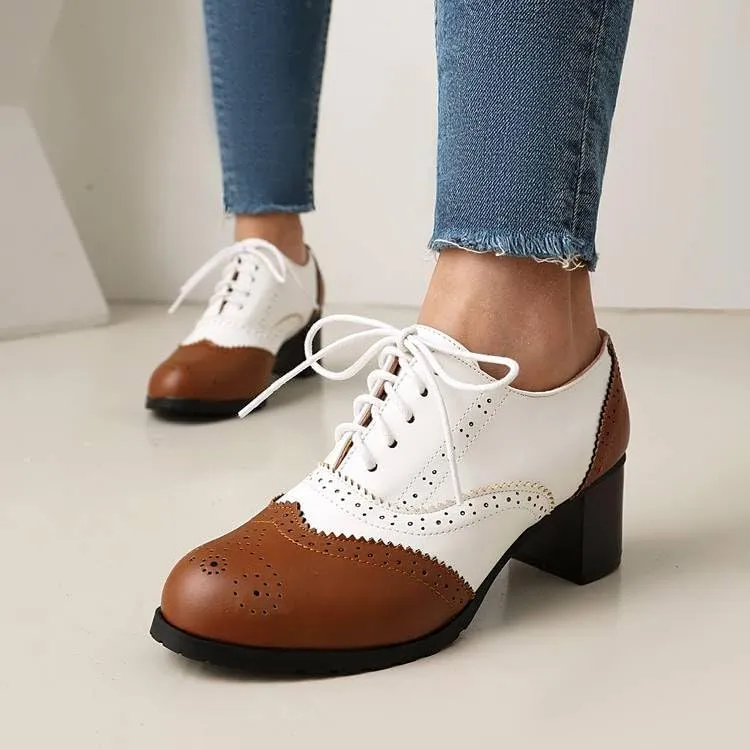 Women's Glossy Lace Up Square Heel Brogues Oxfords Shoes