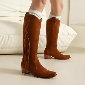 Women's Patchwork Tassel Square Toe Block Heel Knee High Western Boots