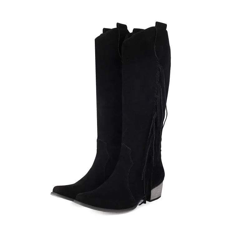 Women's Patchwork Tassel Square Toe Block Heel Knee High Western Boots