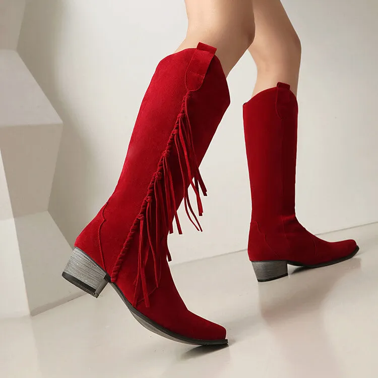 Women's Patchwork Tassel Square Toe Block Heel Knee High Western Boots