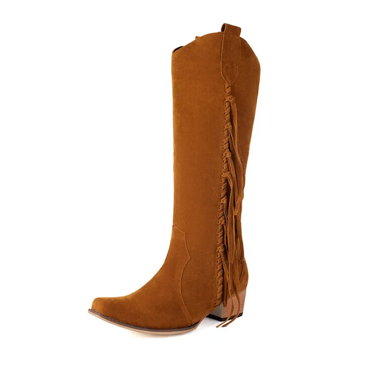 Women's Patchwork Tassel Square Toe Block Heel Knee High Western Boots