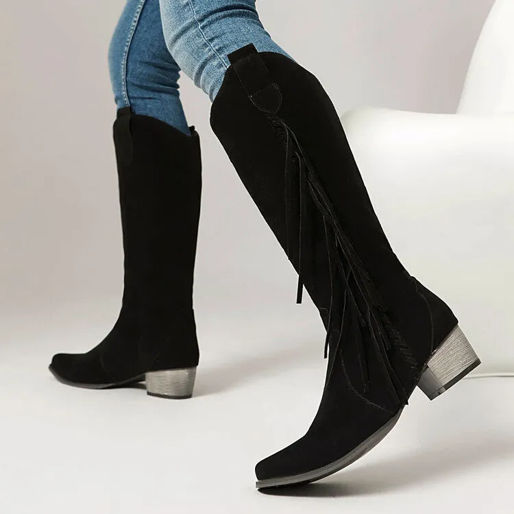Women's Patchwork Tassel Square Toe Block Heel Knee High Western Boots