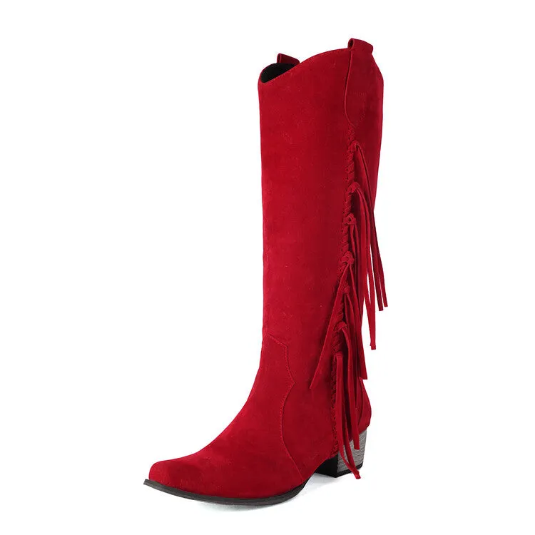 Women's Patchwork Tassel Square Toe Block Heel Knee High Western Boots