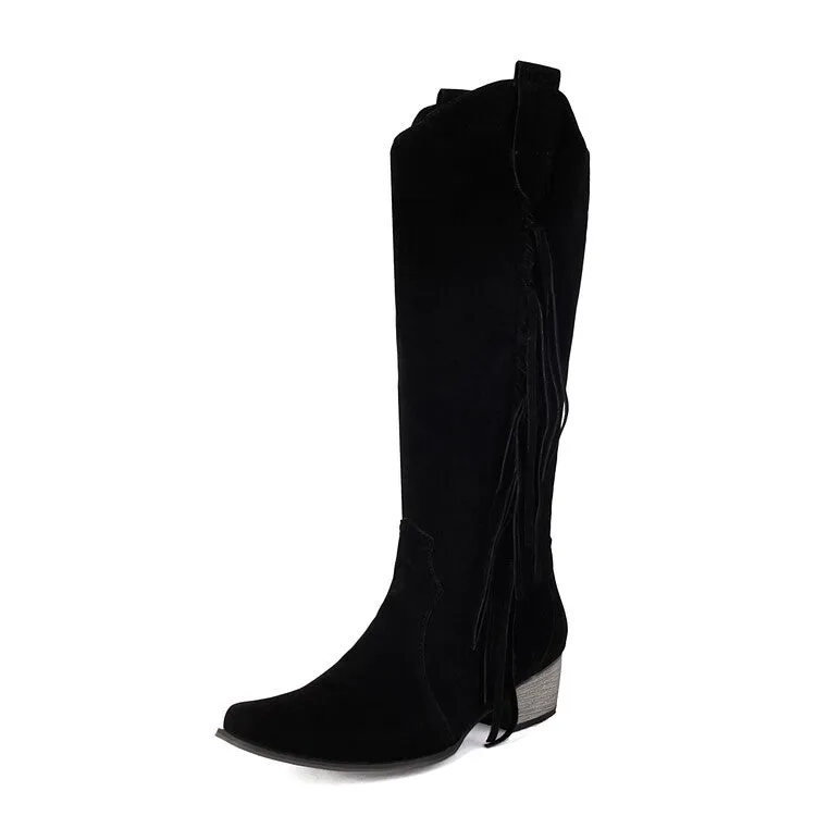 Women's Patchwork Tassel Square Toe Block Heel Knee High Western Boots
