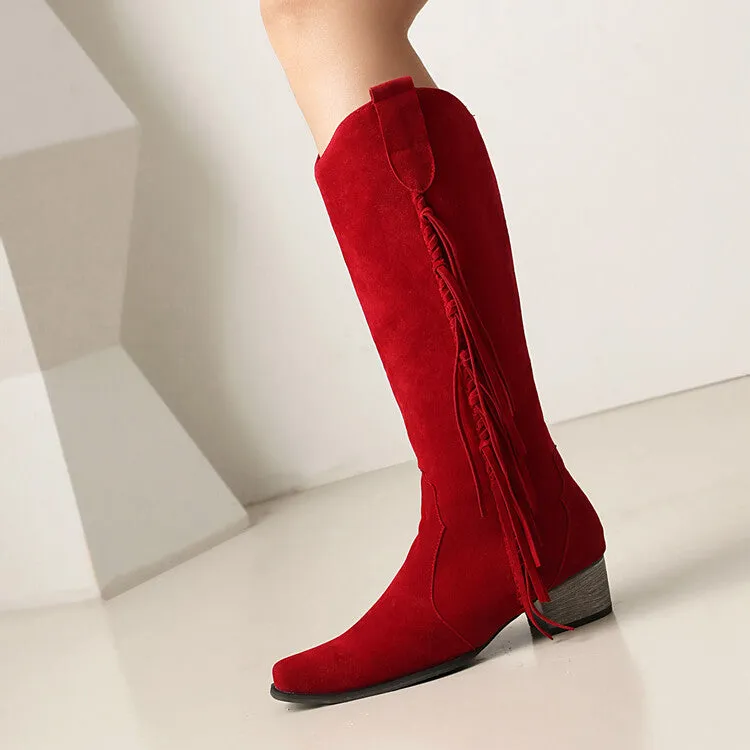 Women's Patchwork Tassel Square Toe Block Heel Knee High Western Boots