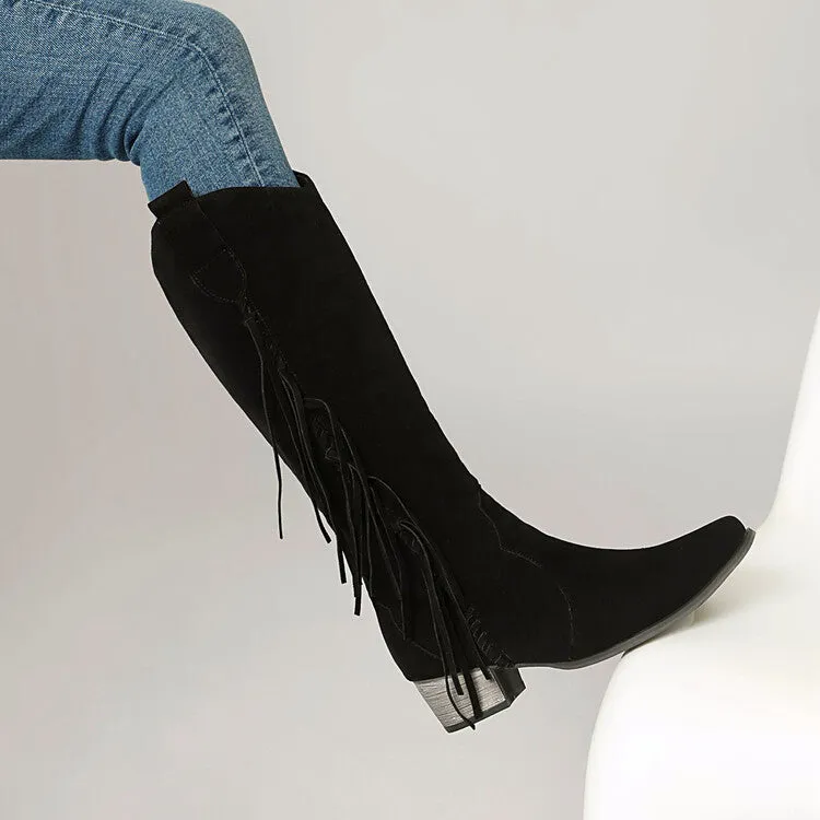 Women's Patchwork Tassel Square Toe Block Heel Knee High Western Boots