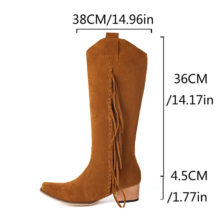 Women's Patchwork Tassel Square Toe Block Heel Knee High Western Boots