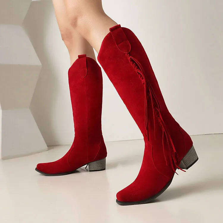 Women's Patchwork Tassel Square Toe Block Heel Knee High Western Boots