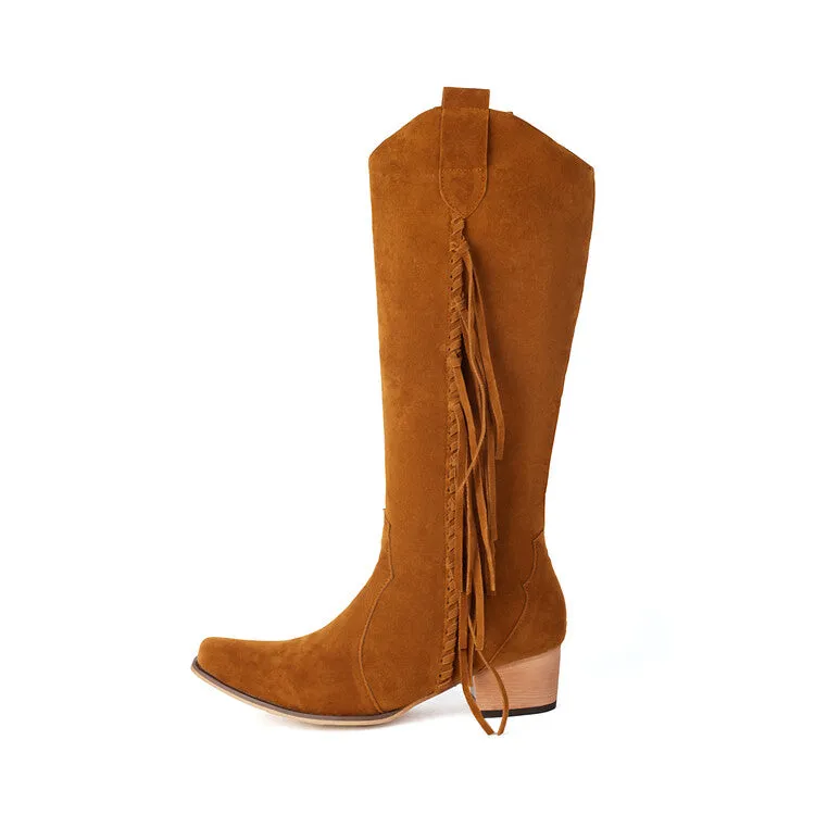 Women's Patchwork Tassel Square Toe Block Heel Knee High Western Boots