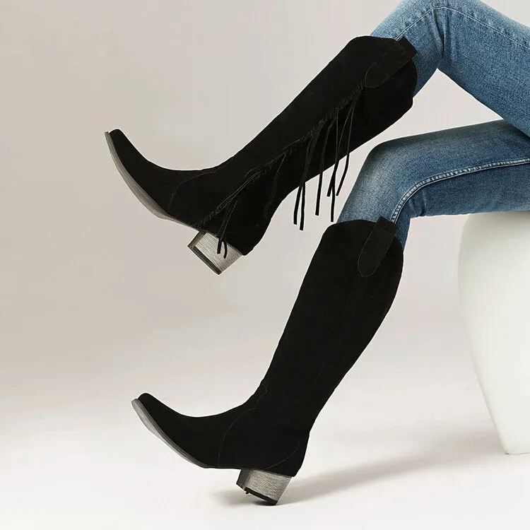 Women's Patchwork Tassel Square Toe Block Heel Knee High Western Boots