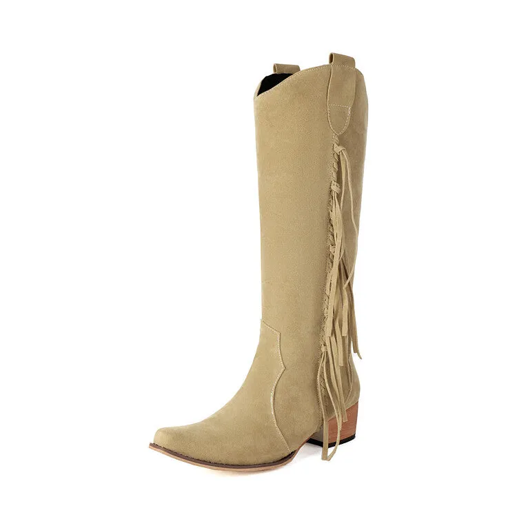 Women's Patchwork Tassel Square Toe Block Heel Knee High Western Boots