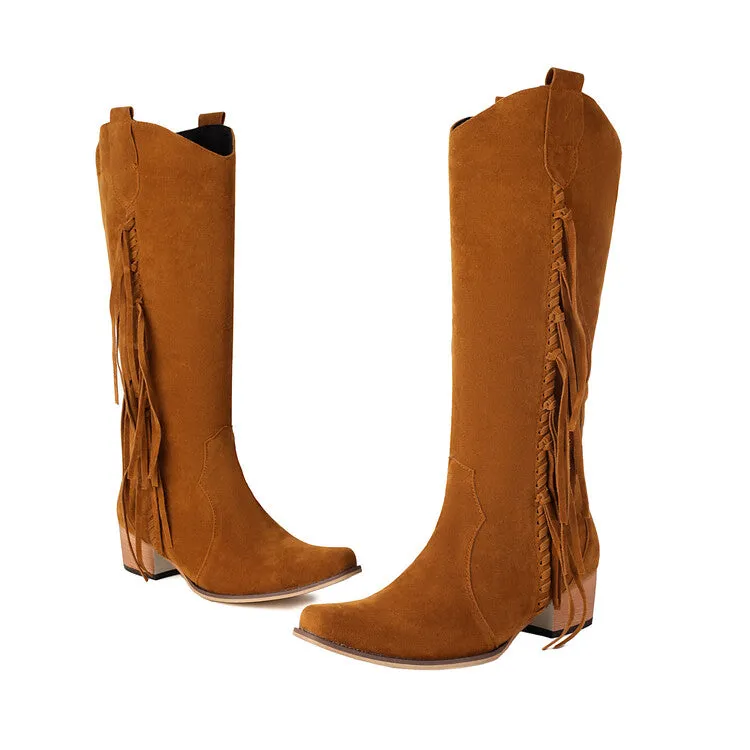 Women's Patchwork Tassel Square Toe Block Heel Knee High Western Boots