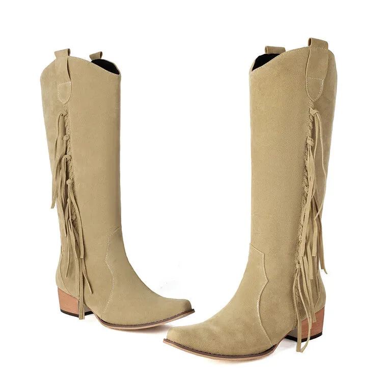 Women's Patchwork Tassel Square Toe Block Heel Knee High Western Boots