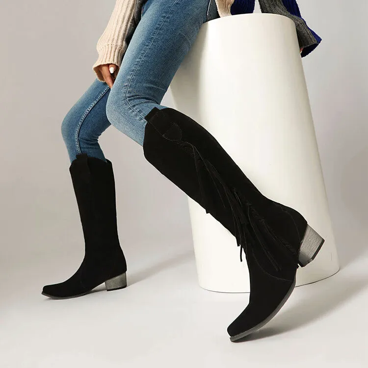Women's Patchwork Tassel Square Toe Block Heel Knee High Western Boots