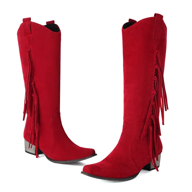 Women's Patchwork Tassel Square Toe Block Heel Knee High Western Boots