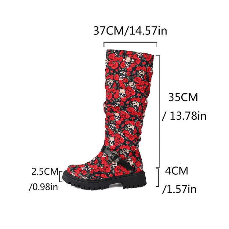 Women's Pleated Buckle Strap Round Toe Flat Platform Knee High Boots