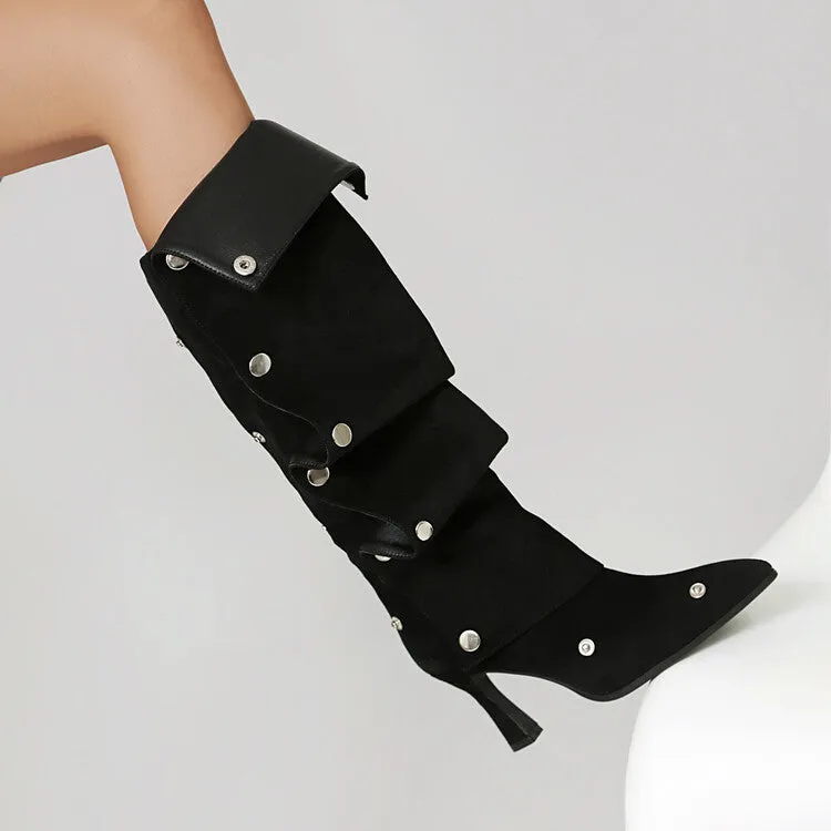 Women's Pleated Rivets High Heel Knee High Boots