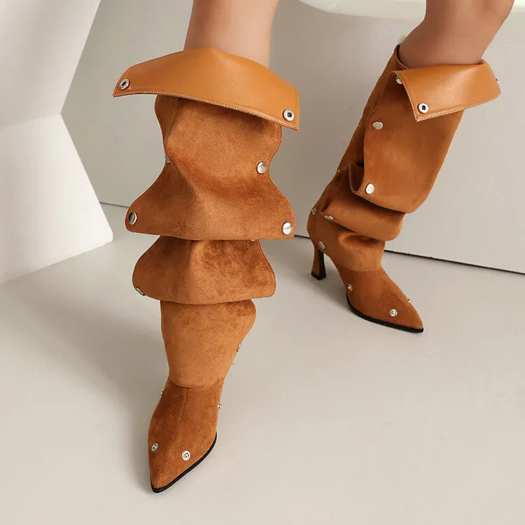 Women's Pleated Rivets High Heel Knee High Boots