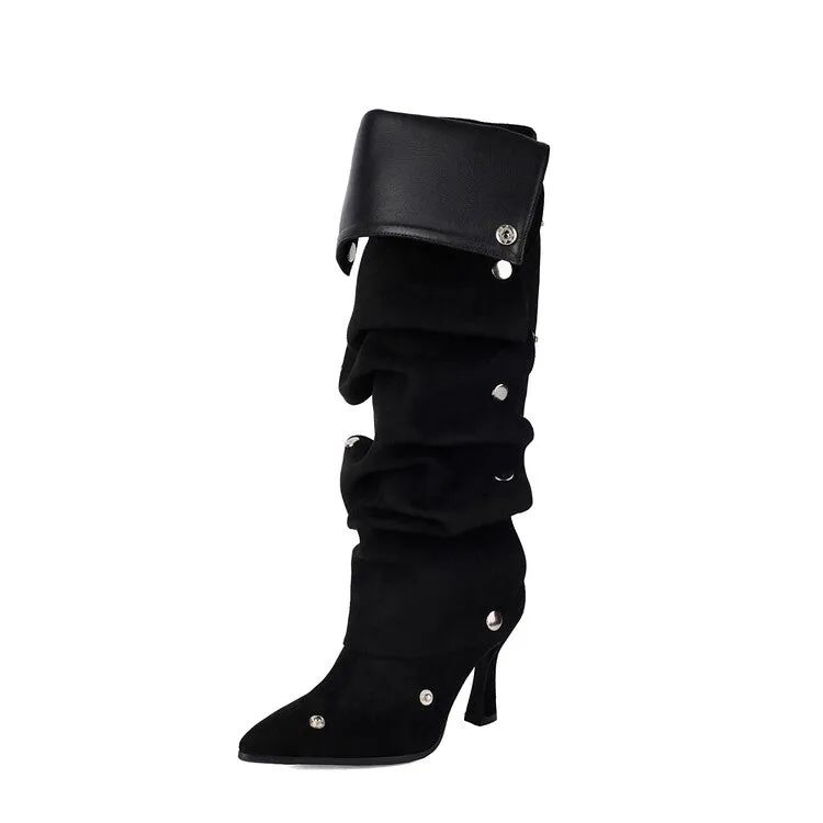 Women's Pleated Rivets High Heel Knee High Boots