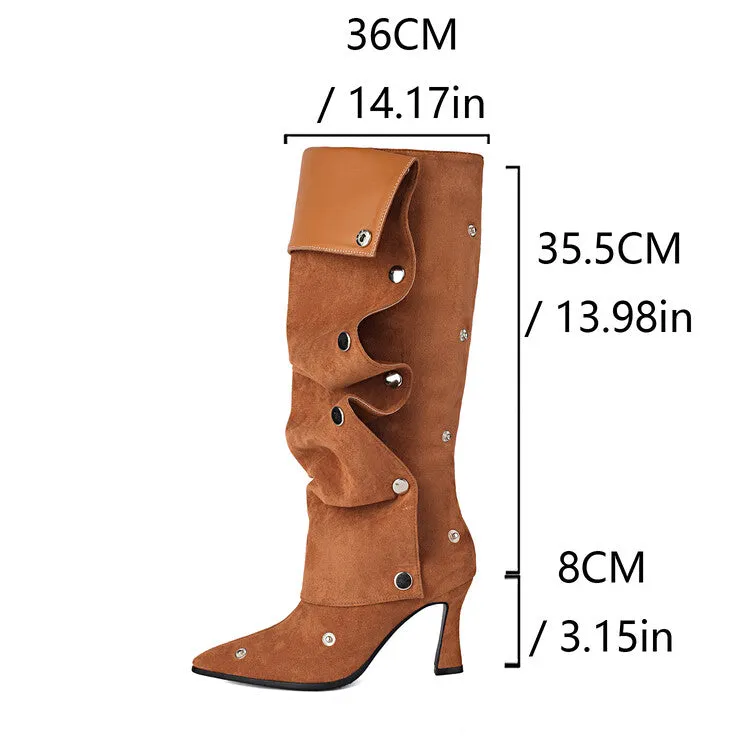 Women's Pleated Rivets High Heel Knee High Boots